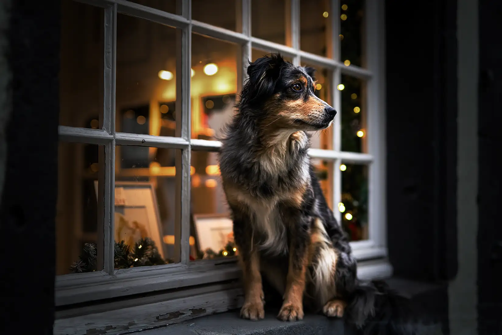 Hund sitzt vor einem dunklem Schaufenster in Köln