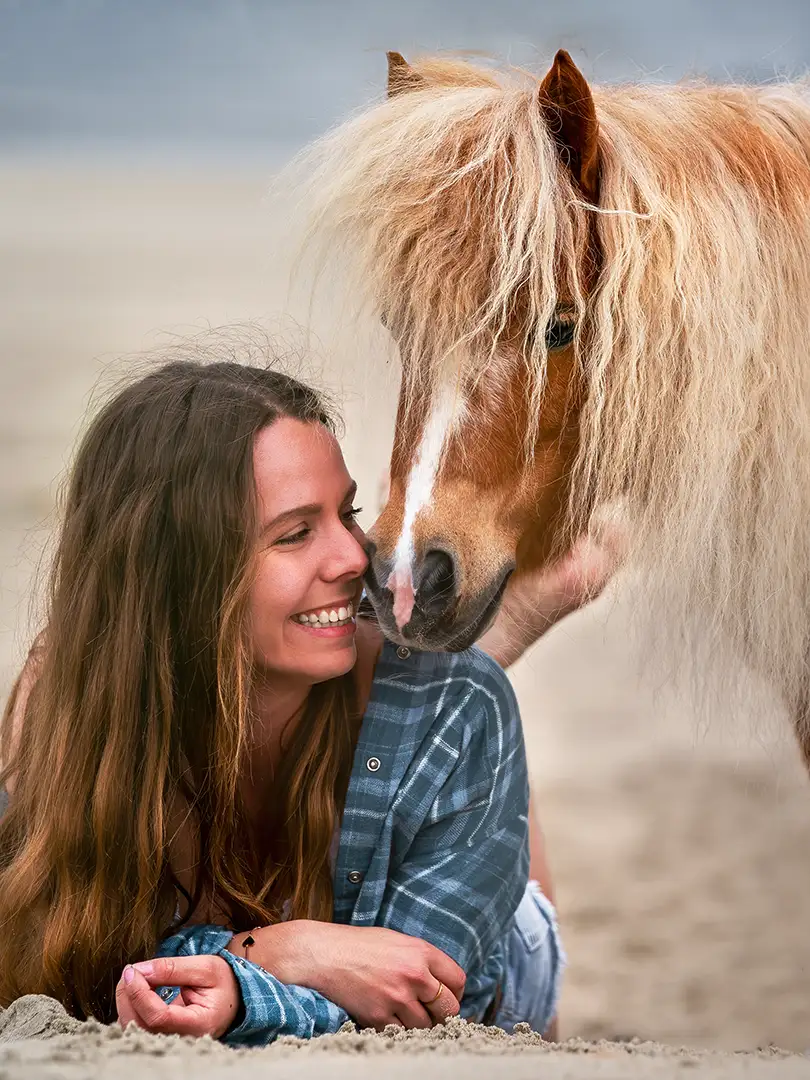 Frau liegt am Strand mit einem shetlandpony in renesse